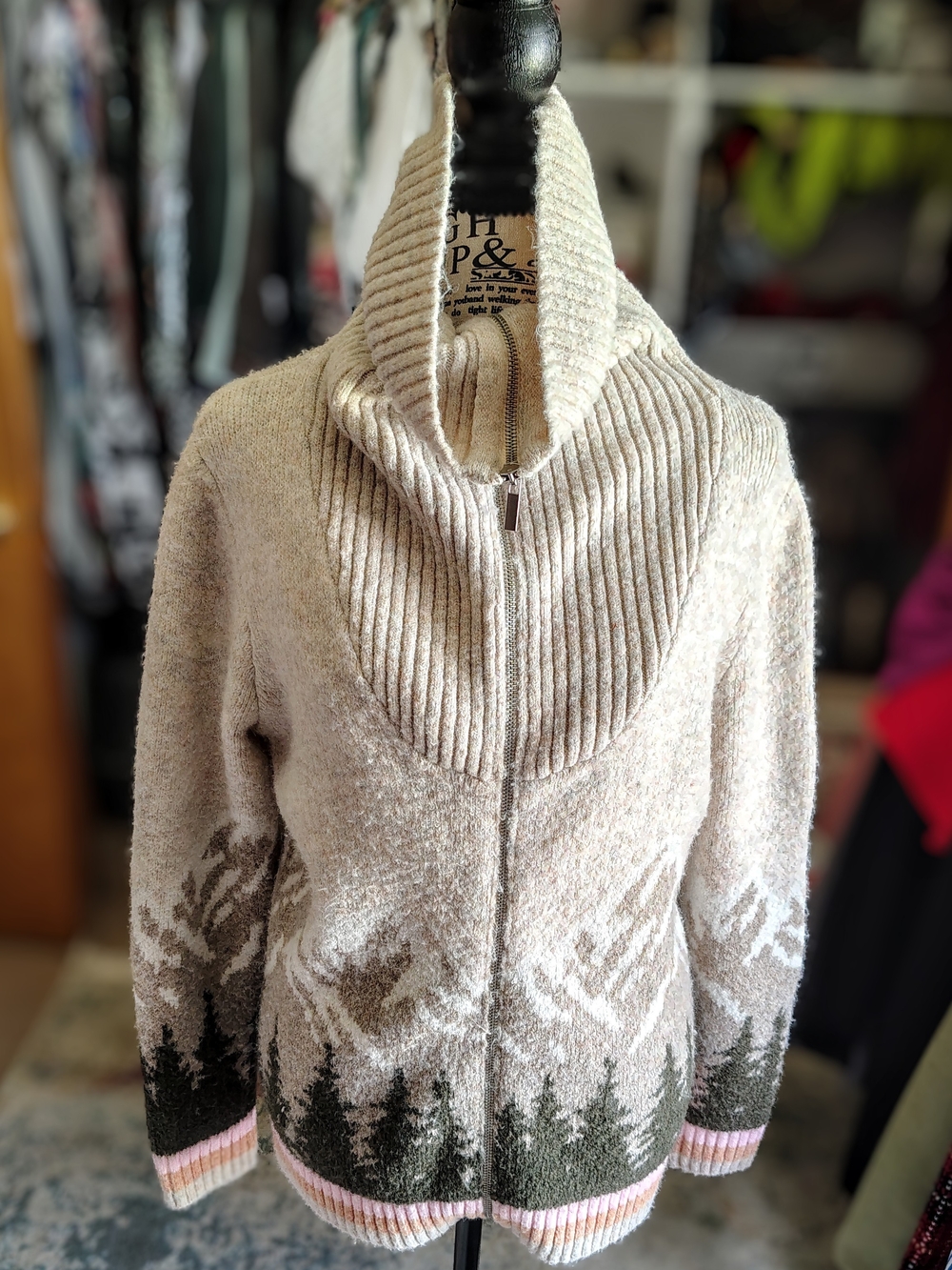 Neutral Forest-Print Zip Cardigan Sweater - Beige/Green - Picture 4 of 6